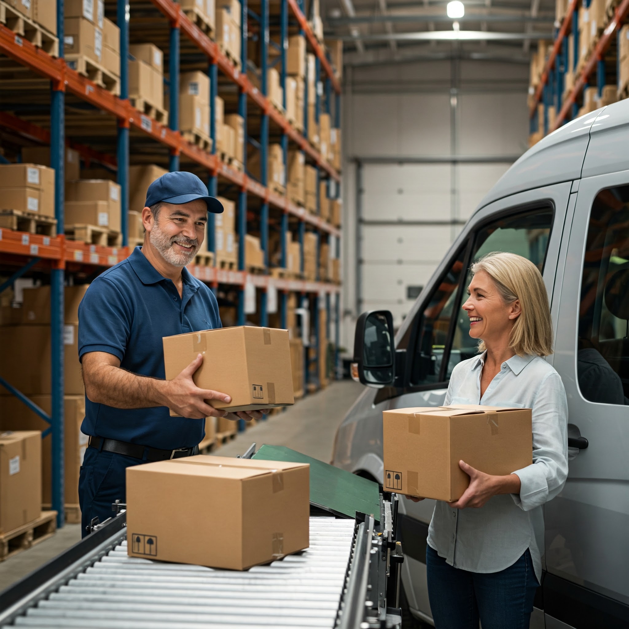 Smooth e-commerce fulfillment process: packages moving from organized warehouse to happy customer