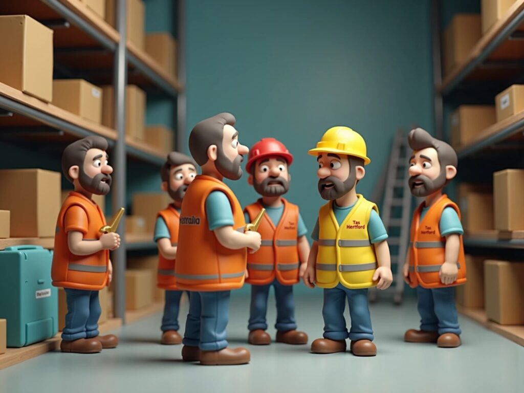 Fulfilment house workers discussing smart inventory management strategies