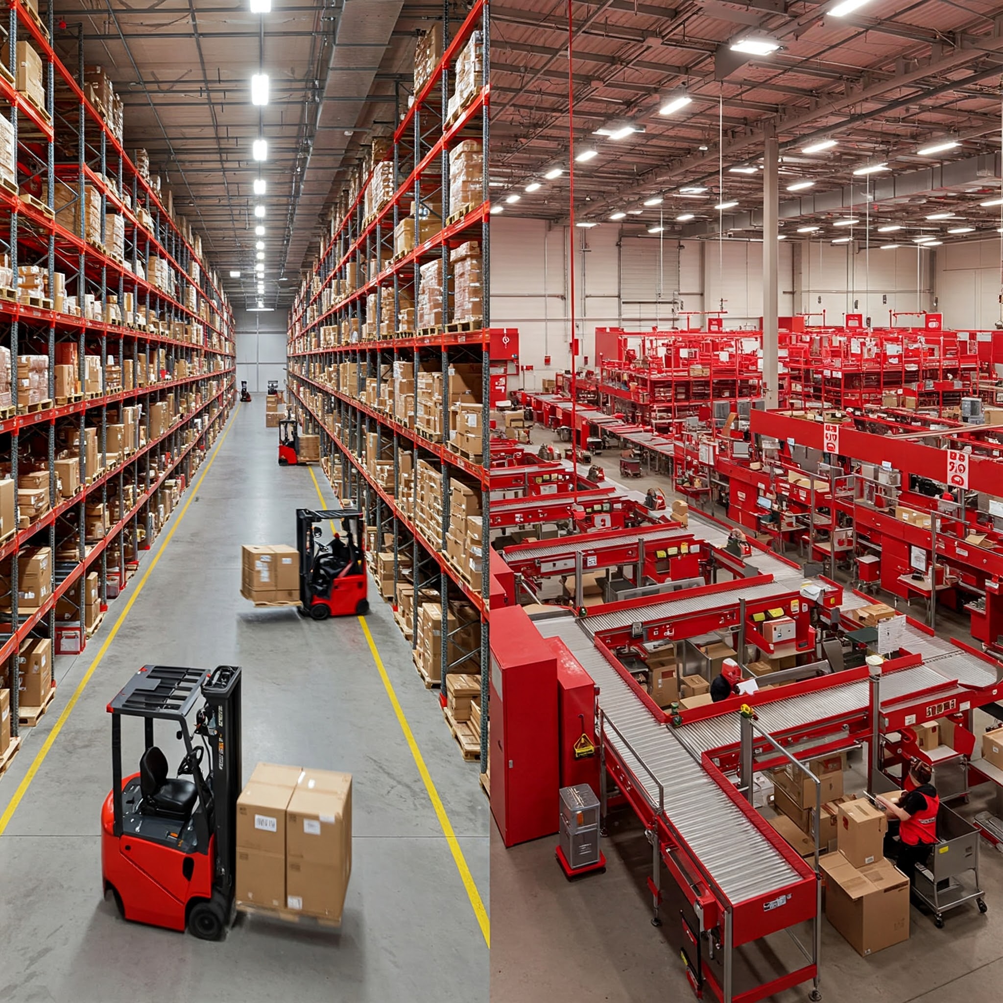 Side-by-side view of a red-themed warehouse focused on bulk storage and a red-themed fulfillment center focused on order processing.